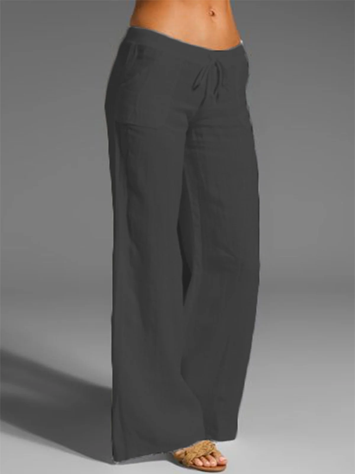 Décontracté mi-hauteur Unicolore en Lin à Jambe Droite Pantalons