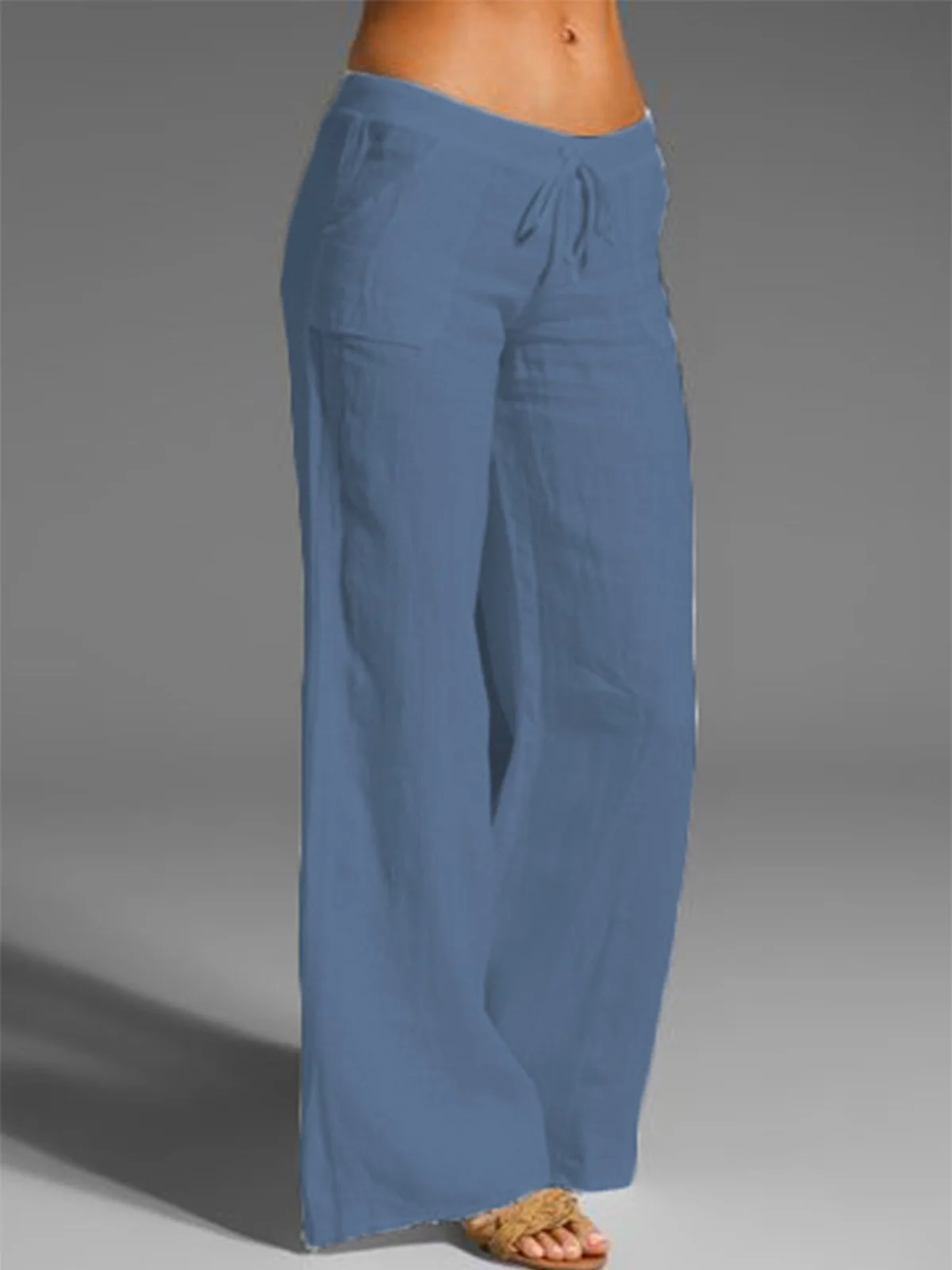 Décontracté mi-hauteur Unicolore en Lin à Jambe Droite Pantalons