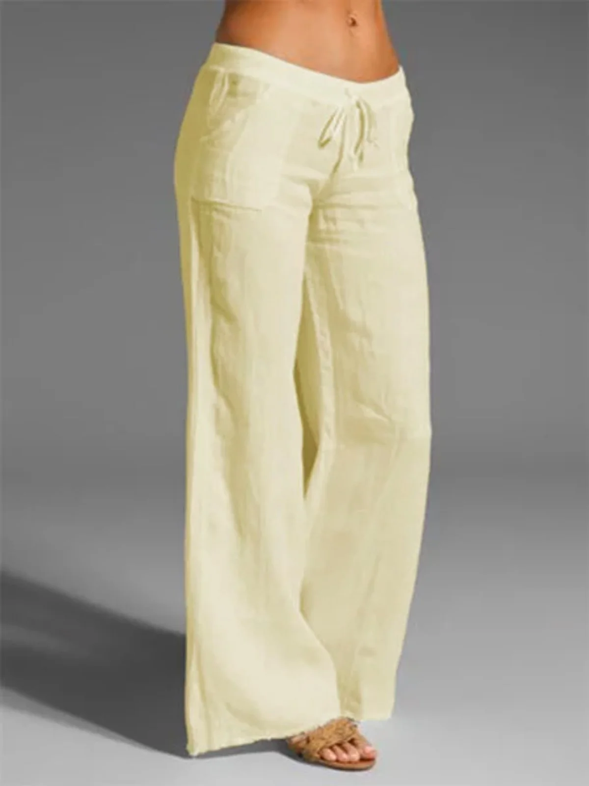 Décontracté mi-hauteur Unicolore en Lin à Jambe Droite Pantalons