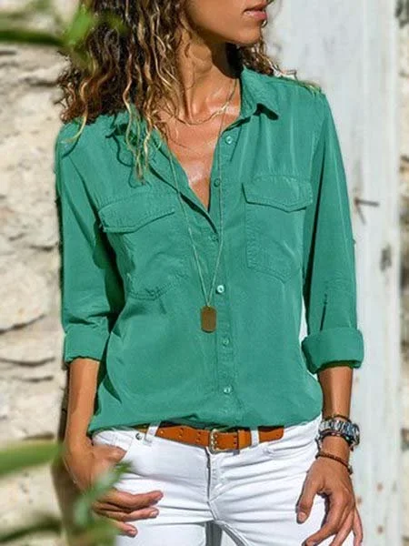 Femmes Mode Col Revers Unicolore Col V Manches Longues Blouse