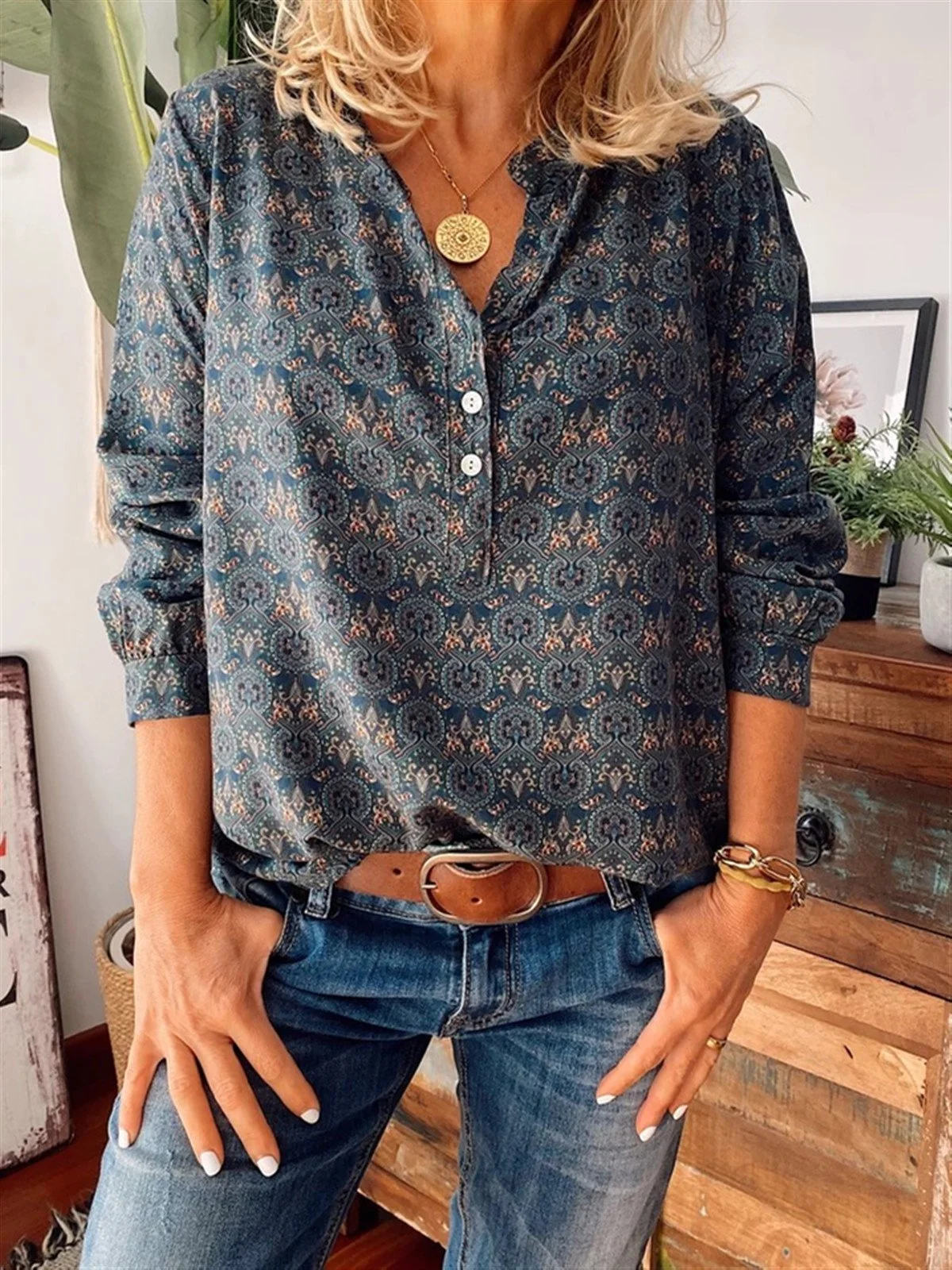 Décontracté Rétro Col V Imprimé Floral Blouse
