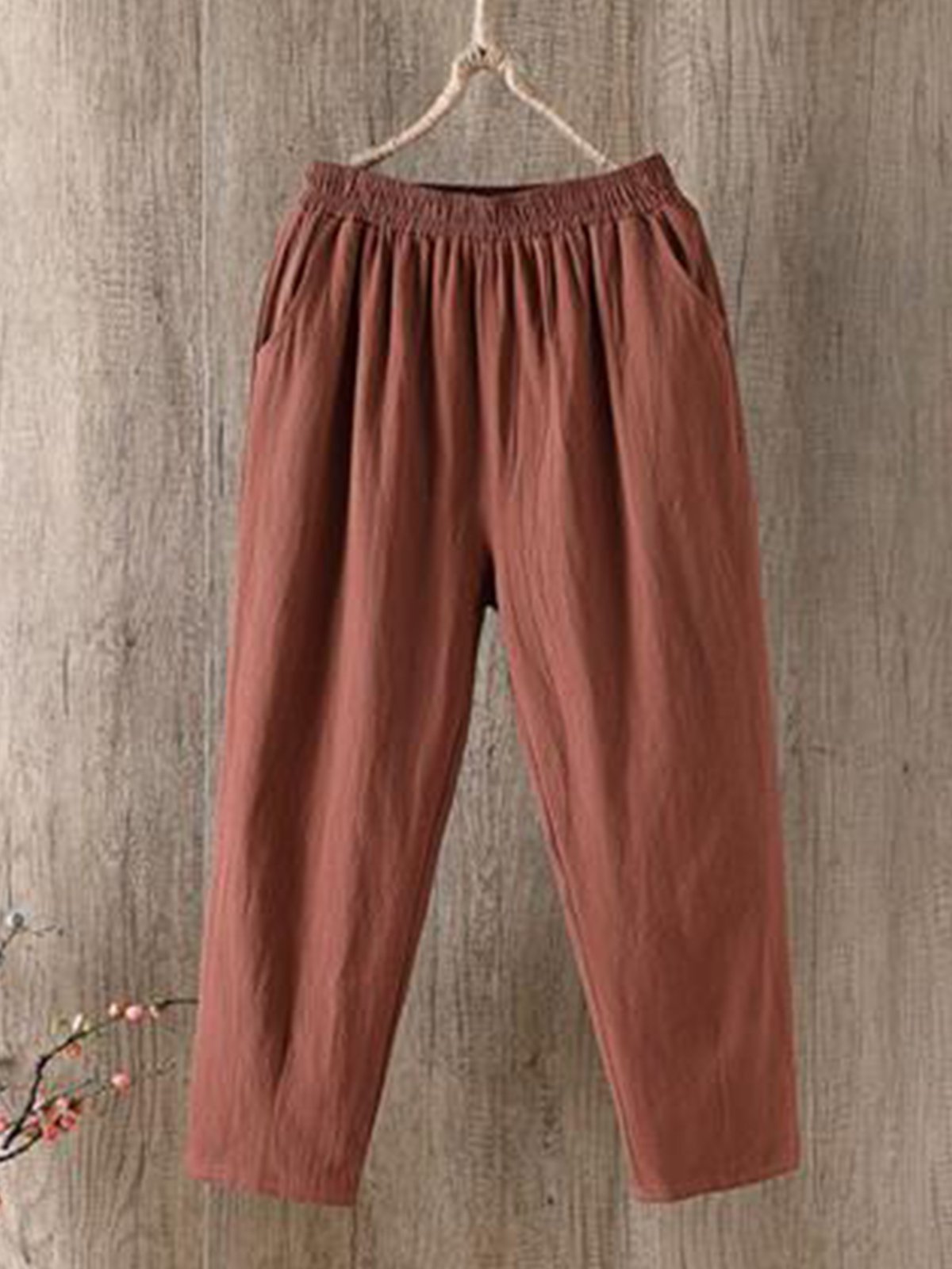 Pantalon Femme Décontraté Lin Coton Unicolores Ample Été Confortable