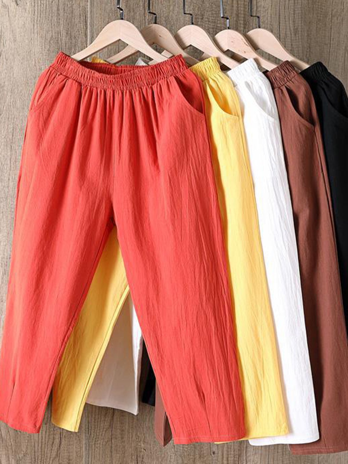 Pantalon Femme Décontraté Lin Coton Unicolores Ample Été Confortable