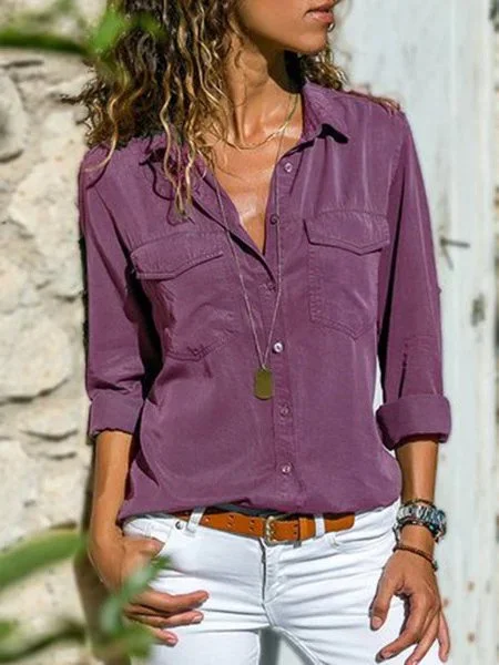 Femmes Mode Col Revers Unicolore Col V Manches Longues Blouse
