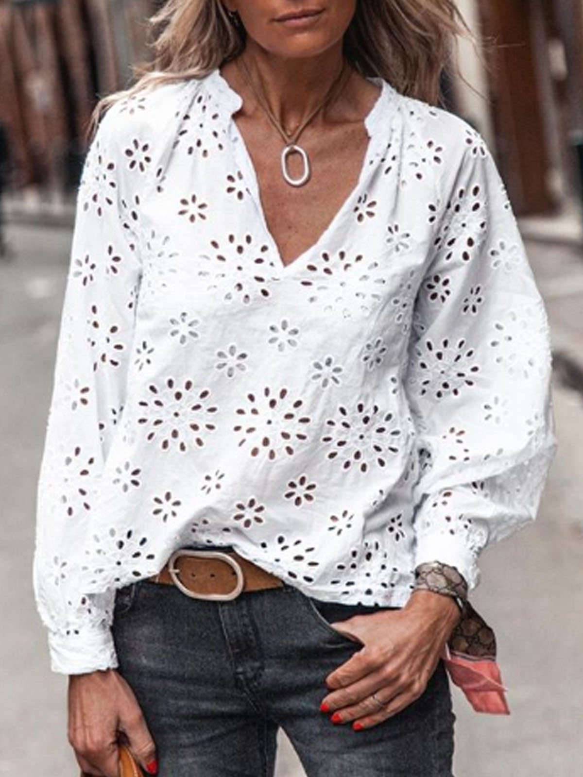 Haut en dentelle Blanc Col V Patchwork Tops Décontractés