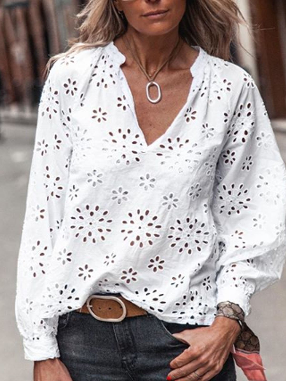 Haut en dentelle Blanc Col V Patchwork Tops Décontractés