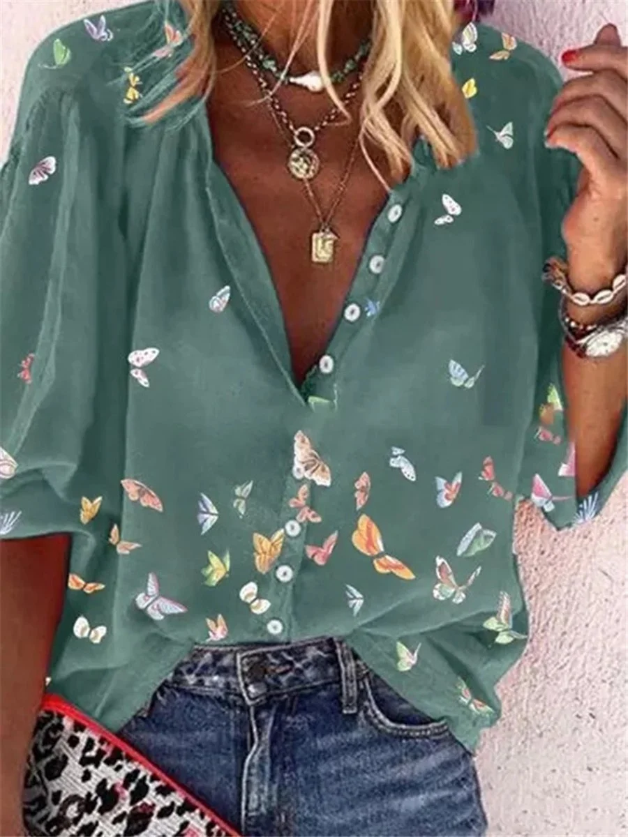 Chemise Coloré Imprimé de Papillon en Mousseline de Soie à Manches Longues