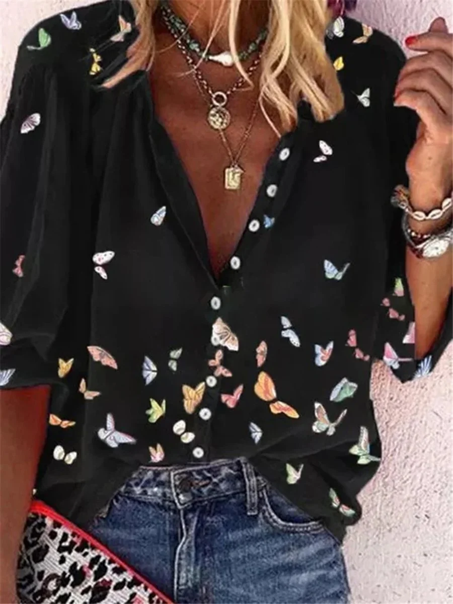 Chemise Coloré Imprimé de Papillon en Mousseline de Soie à Manches Longues