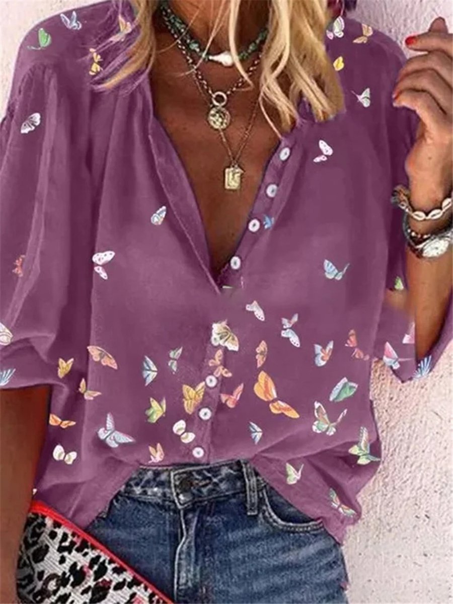 Chemise Coloré Imprimé de Papillon en Mousseline de Soie à Manches Longues