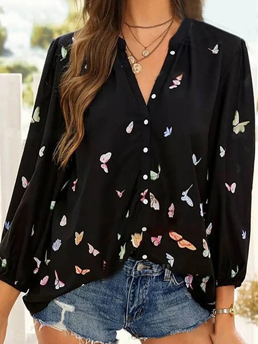 Chemise Coloré Imprimé de Papillon en Mousseline de Soie à Manches Longues