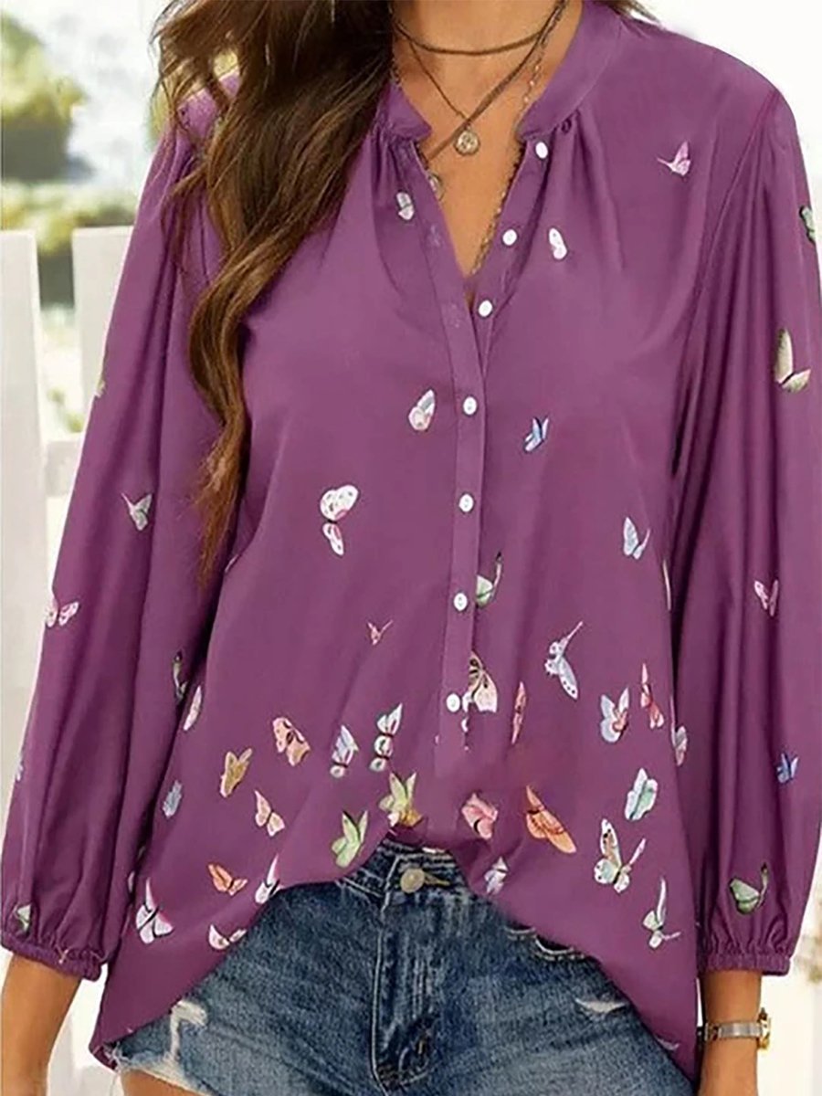 Chemise Coloré Imprimé de Papillon en Mousseline de Soie à Manches Longues