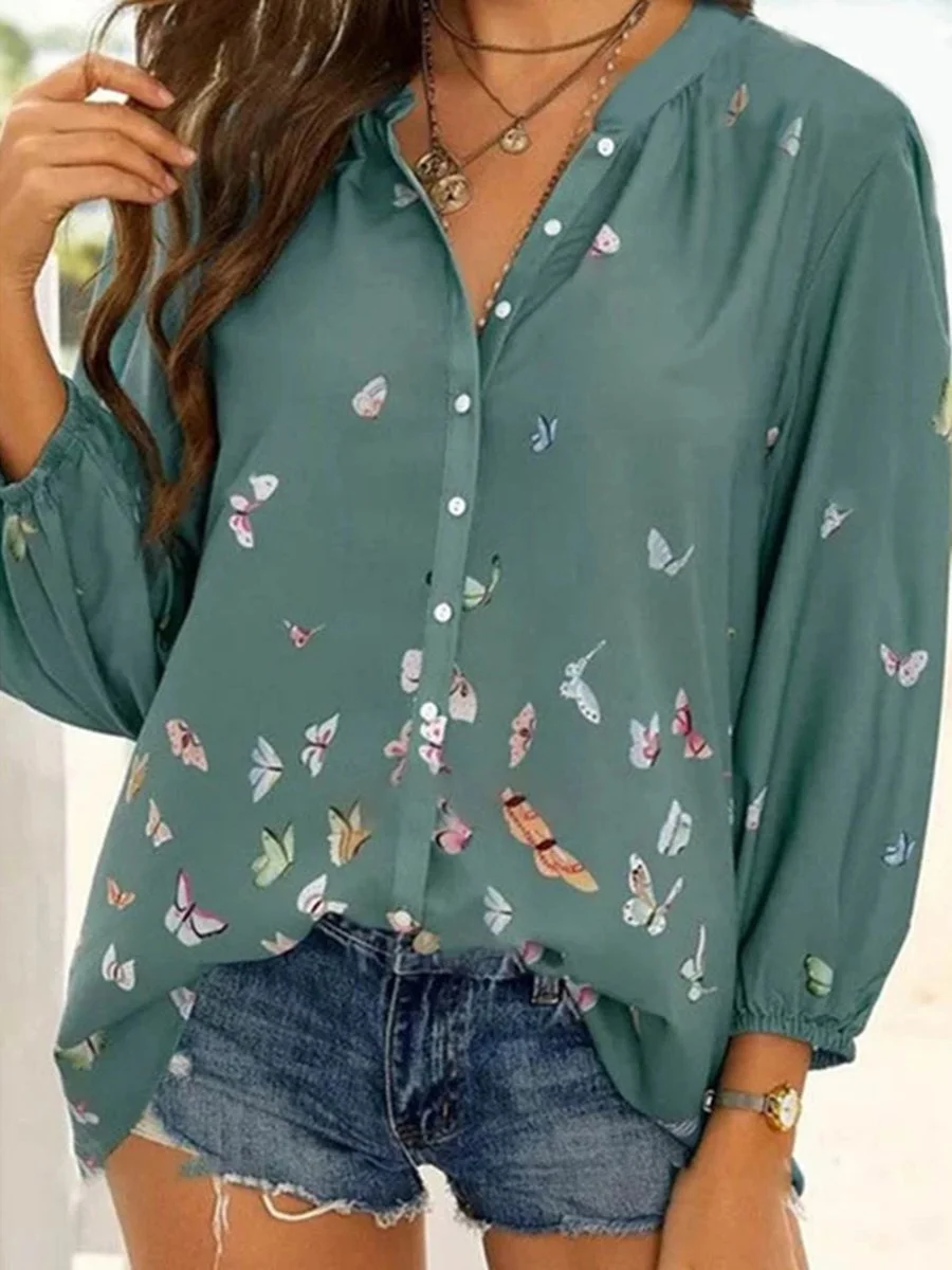 Chemise Coloré Imprimé de Papillon en Mousseline de Soie à Manches Longues