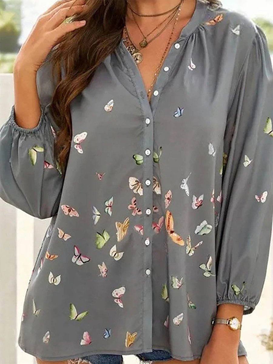 Chemise Coloré Imprimé de Papillon en Mousseline de Soie à Manches Longues