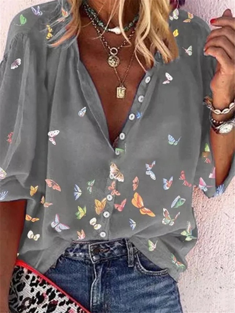 Chemise Coloré Imprimé de Papillon en Mousseline de Soie à Manches Longues