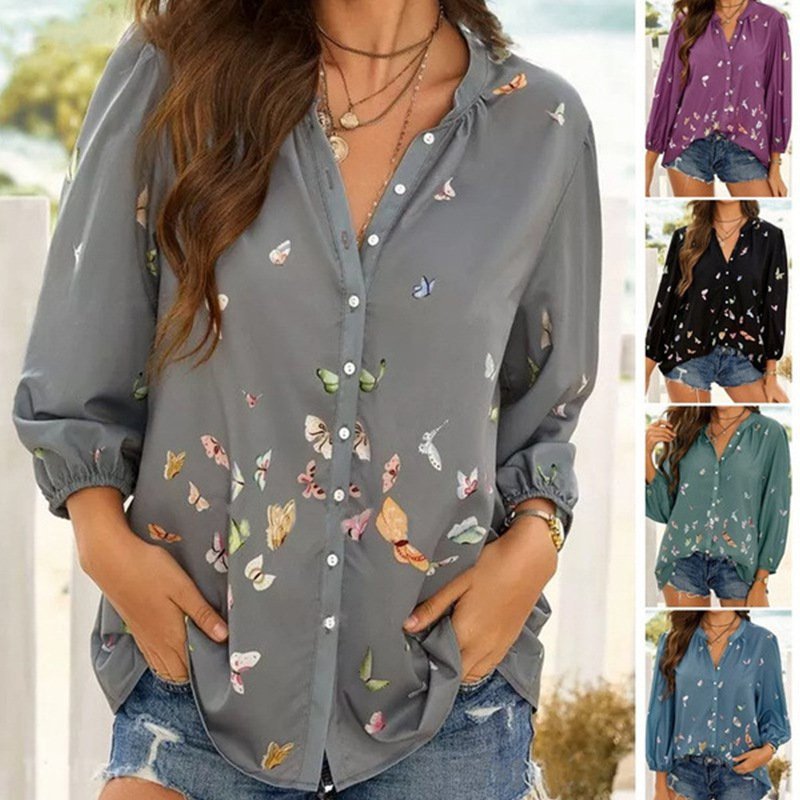 Chemise Coloré Imprimé de Papillon en Mousseline de Soie à Manches Longues
