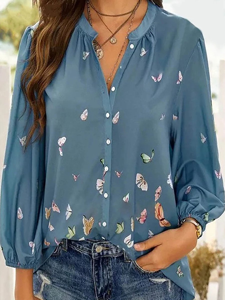 Chemise Coloré Imprimé de Papillon en Mousseline de Soie à Manches Longues