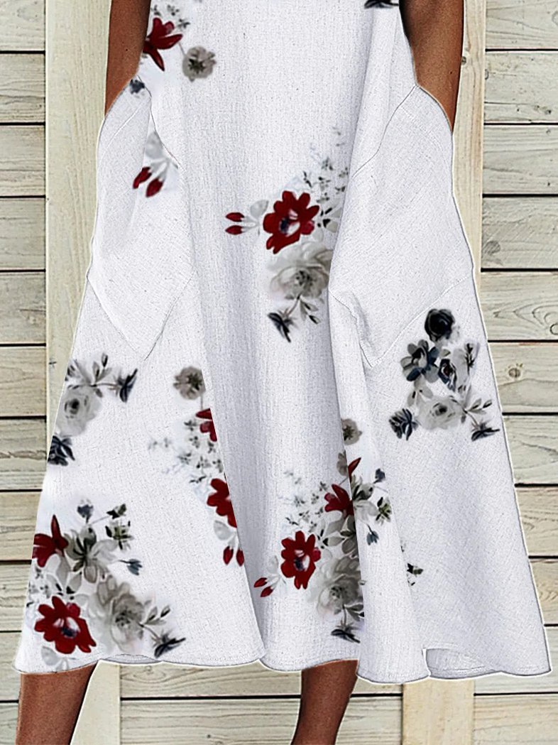 Robe bohème Florales Droites Sans Manches Blanc longue