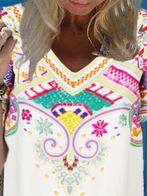 robe bohème hippie Robes Blanches Droites Rétro à Manches Courtes en Mélangé de Coton