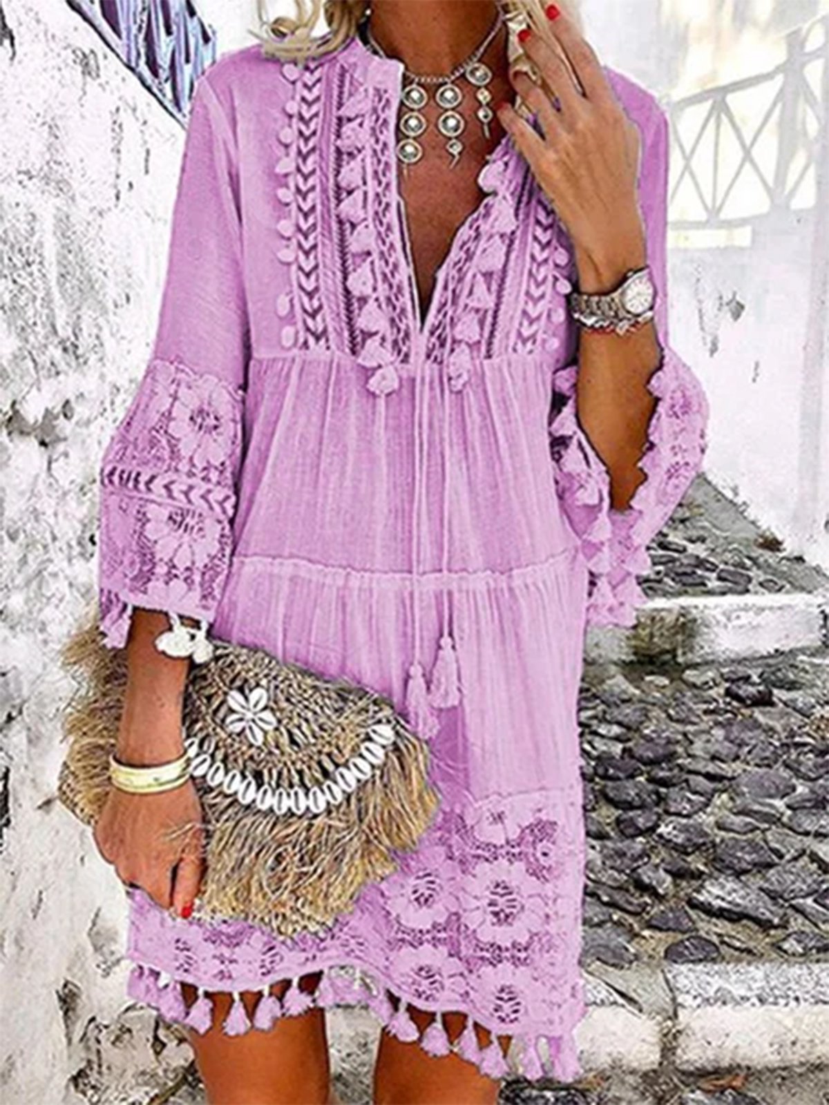 Vetement hippie chic Robe en dentelle Manches 3/4 Boho Robes