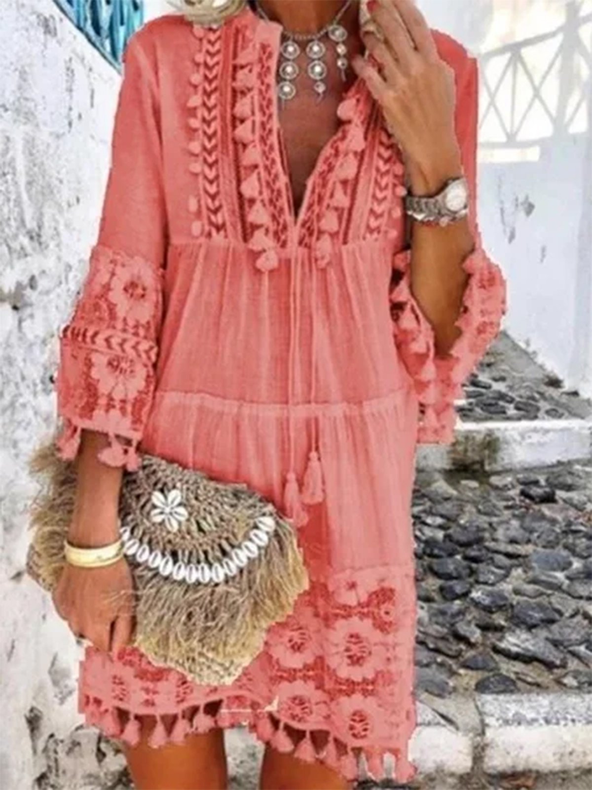 Vetement hippie chic Robe en dentelle Manches 3/4 Boho Robes
