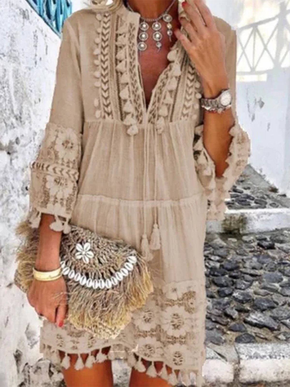 Vetement hippie chic Robe en dentelle Manches 3/4 Boho Robes