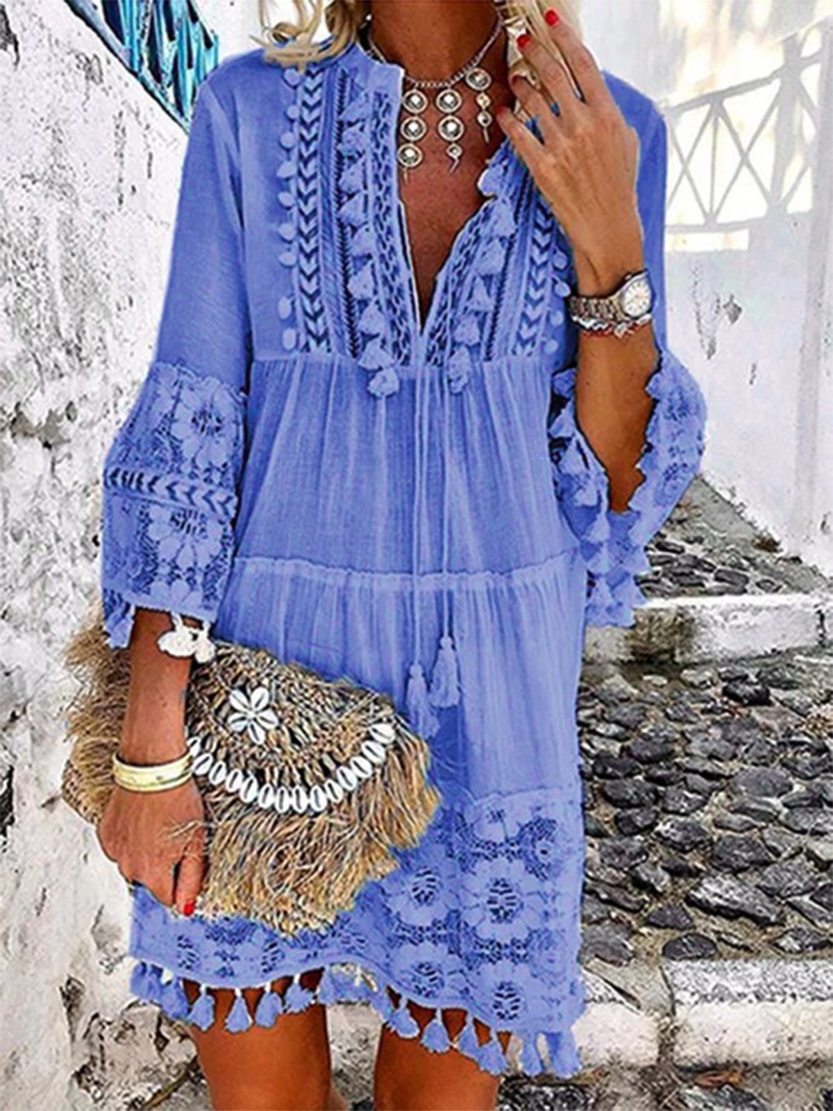 Vetement hippie chic Robe en dentelle Manches 3/4 Boho Robes