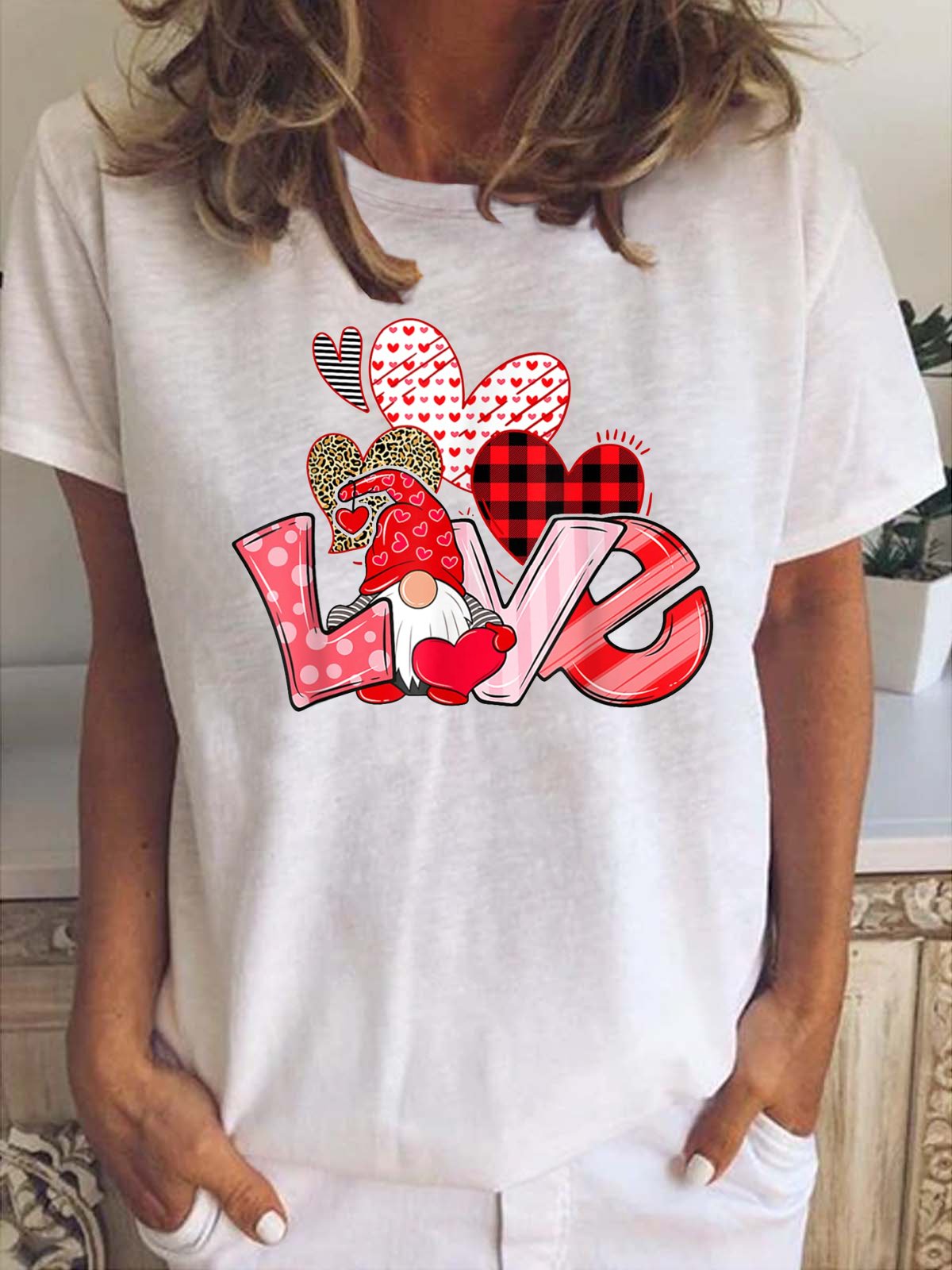 T-shirts Femmes Décontracté Coeur/cordé Été Col Rond Léger Manches Courtes Ample en Mélangé de Coton Droit