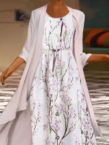 Robe bohème chic Floral Décontracté Manches Courtes Tissé Robe Avec Manteau