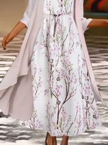 Robe bohème chic Floral Décontracté Manches Courtes Tissé Robe Avec Manteau
