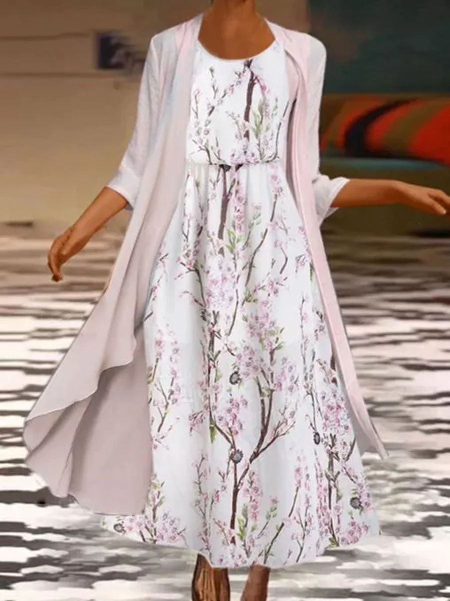 Robe bohème chic Floral Décontracté Manches Courtes Tissé Robe Avec Manteau