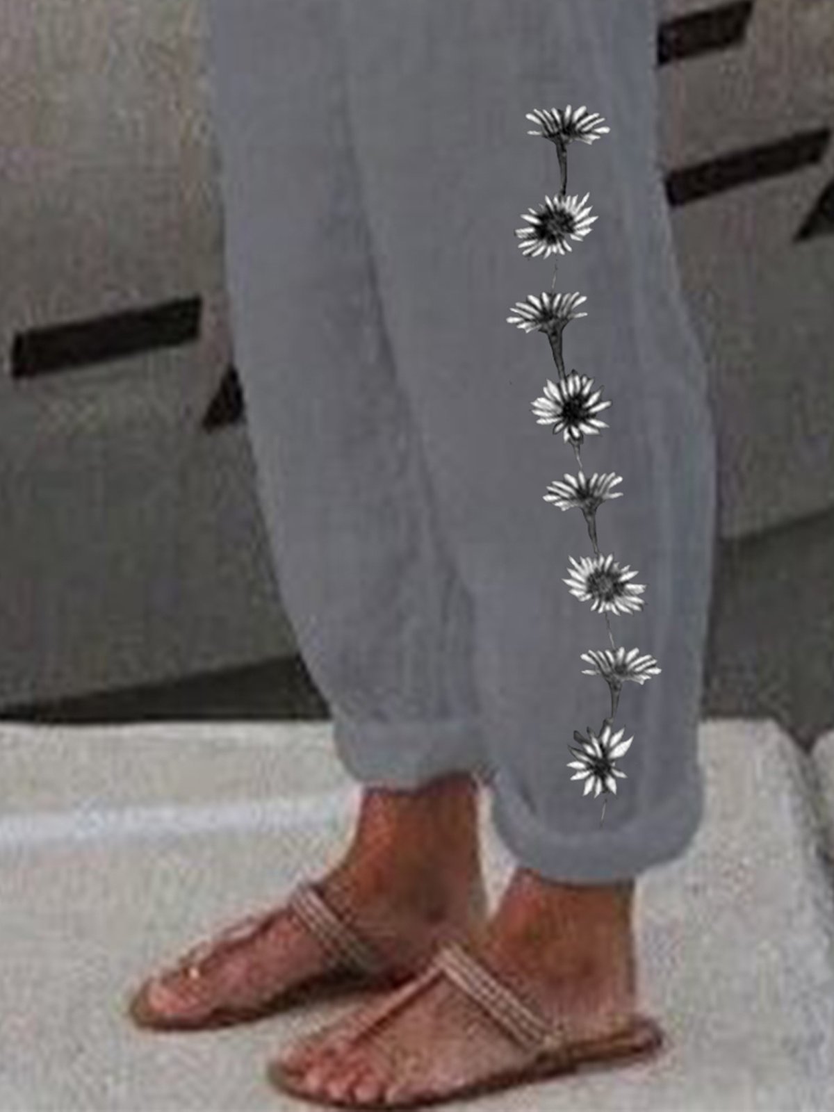 Pantalons Toutes Les Saisons en Lin Floral Motif Quotidien Taille Moyenne Standard Ample Régulier T.-N.-L. pour Femmes