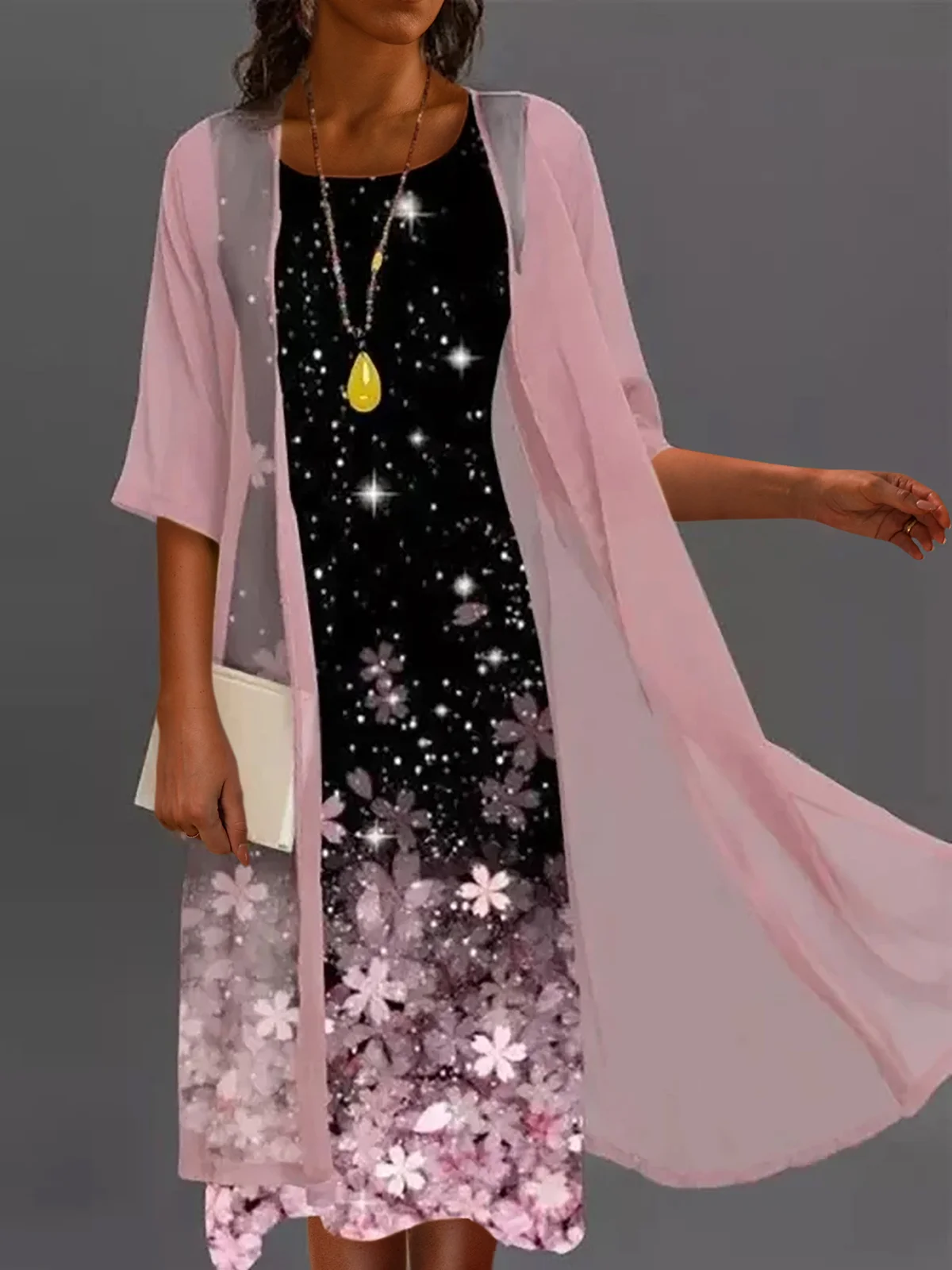 Robe en dentelle Deux Pièces Floral Sans Manches à Col Rond Imprimé Robe Avec Trois Trimestre Manteau