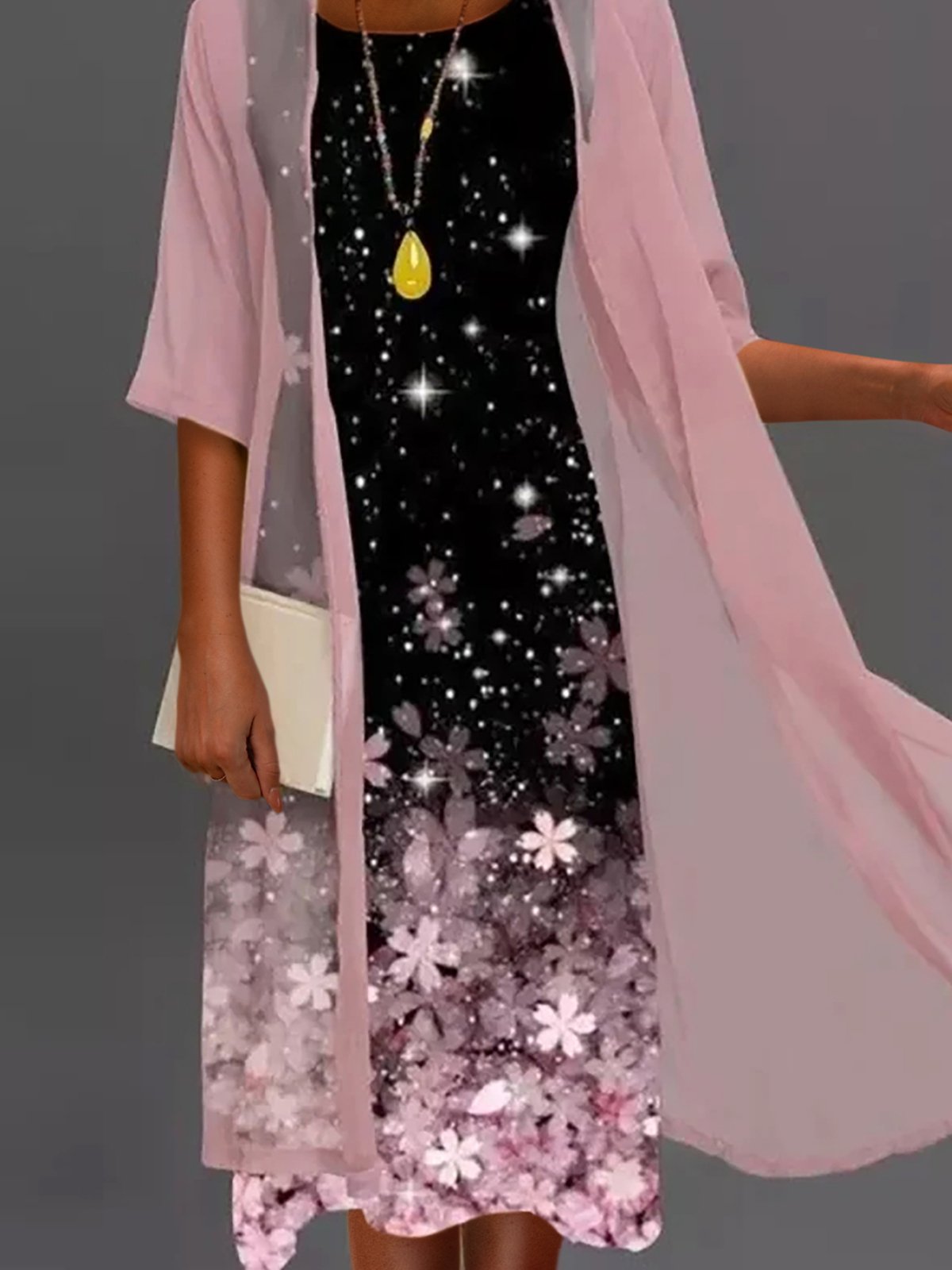 Robe en dentelle Deux Pièces Floral Sans Manches à Col Rond Imprimé Robe Avec Trois Trimestre Manteau