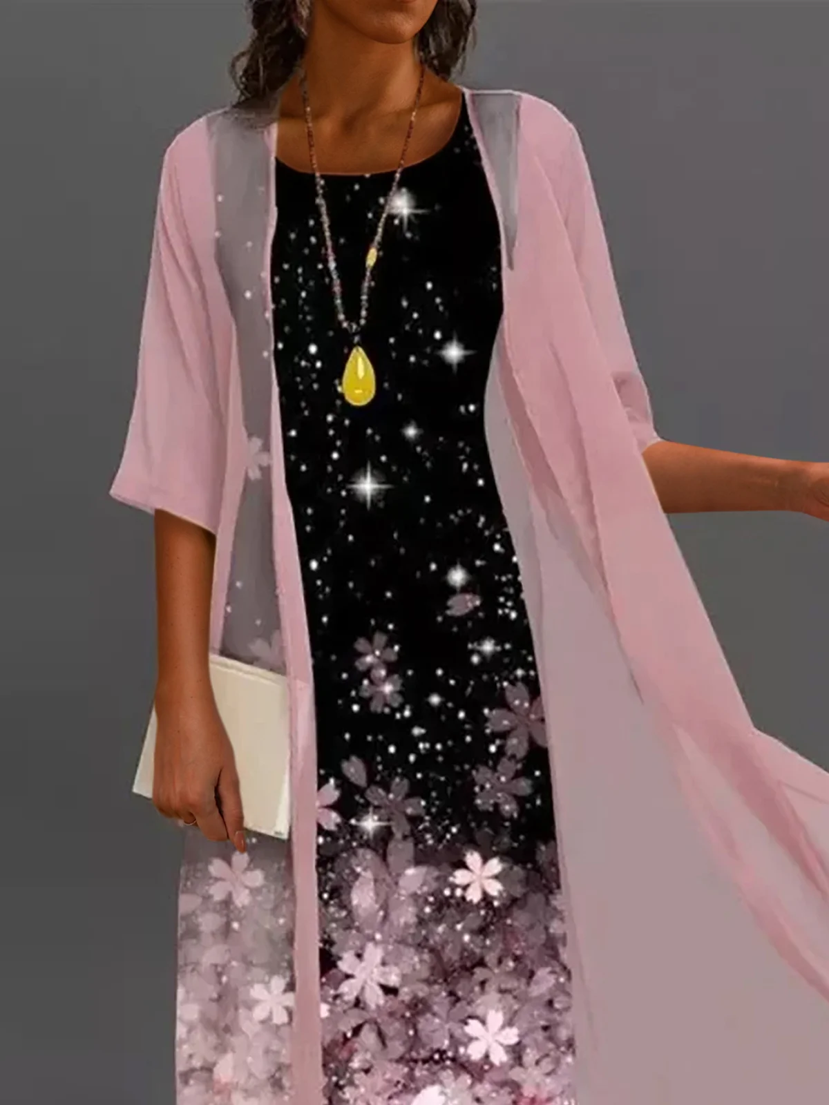 Robe en dentelle Deux Pièces Floral Sans Manches à Col Rond Imprimé Robe Avec Trois Trimestre Manteau