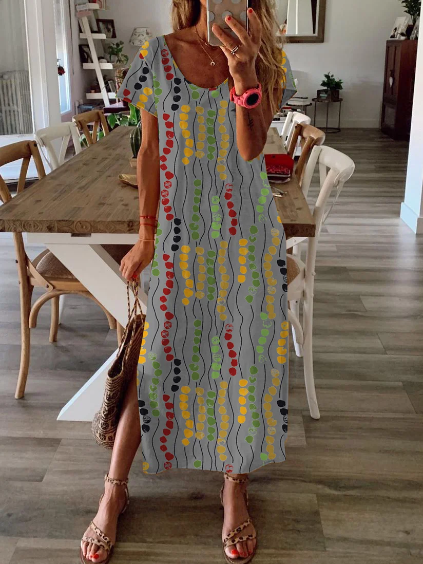 Vetement hippie chic Robe Blanche Tricotée Droite à Manches Courtes