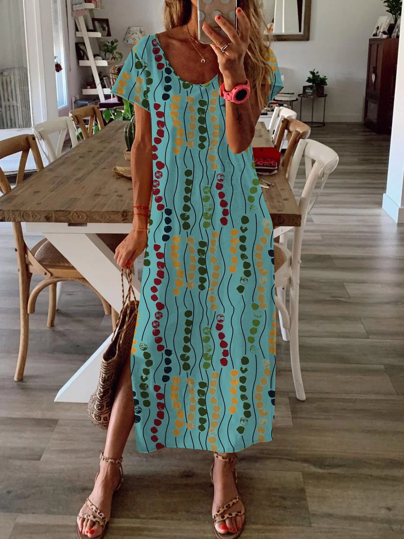 Vetement hippie chic Robe Blanche Tricotée Droite à Manches Courtes