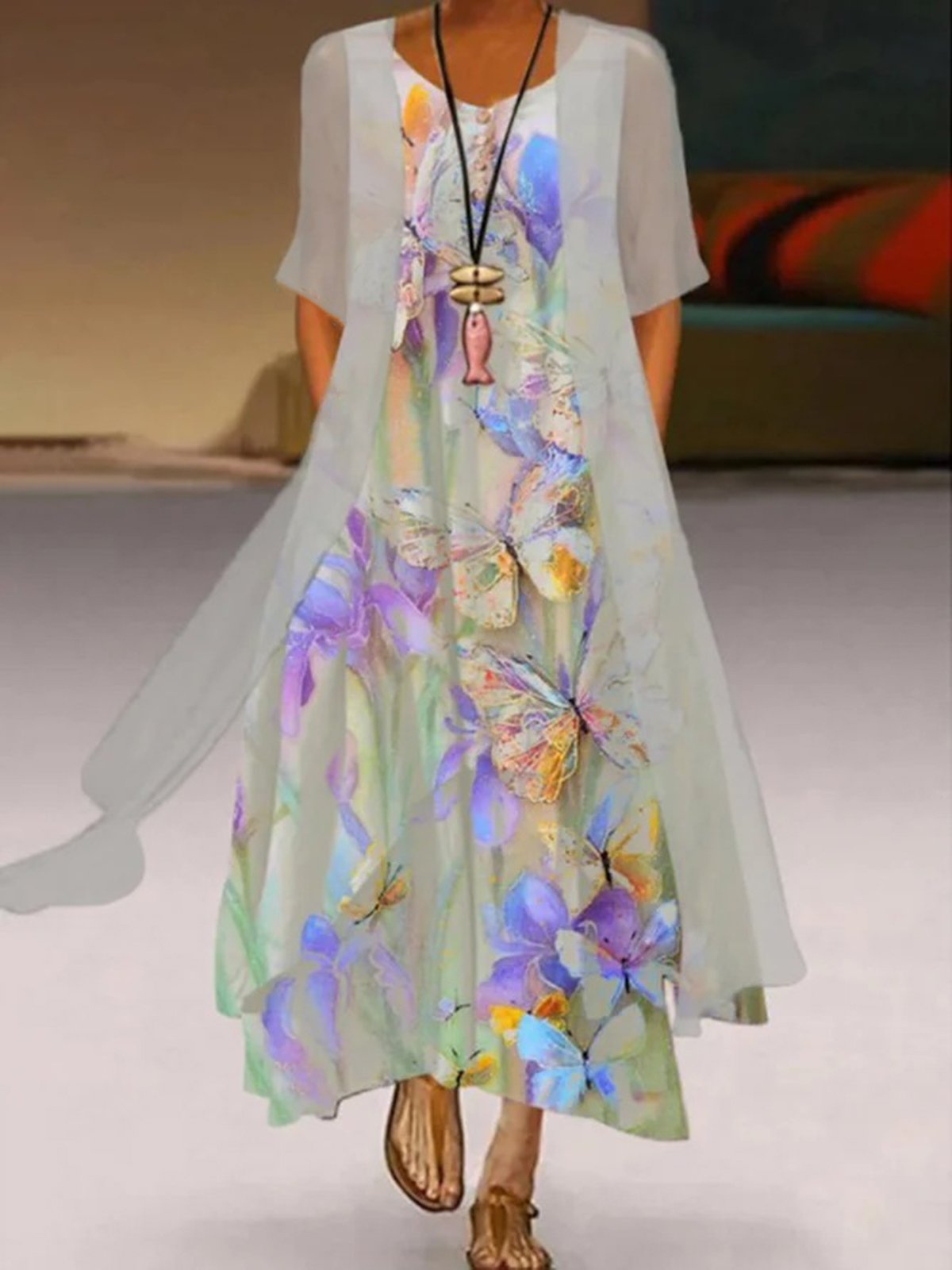 Robe bohème chic Imprimé de Papillon Décontracté à Col Rond Robe avec Manteau Ensembles de Deux Pièces