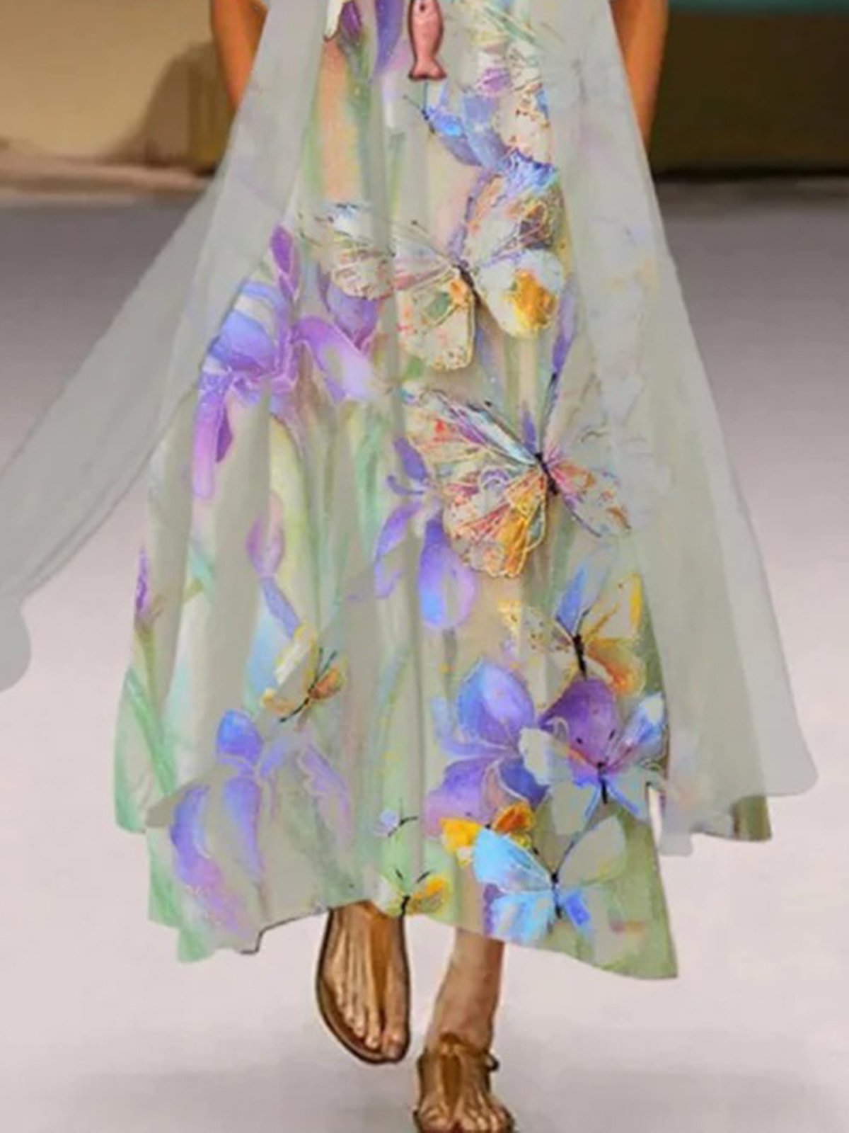 Robe bohème chic Imprimé de Papillon Décontracté à Col Rond Robe avec Manteau Ensembles de Deux Pièces