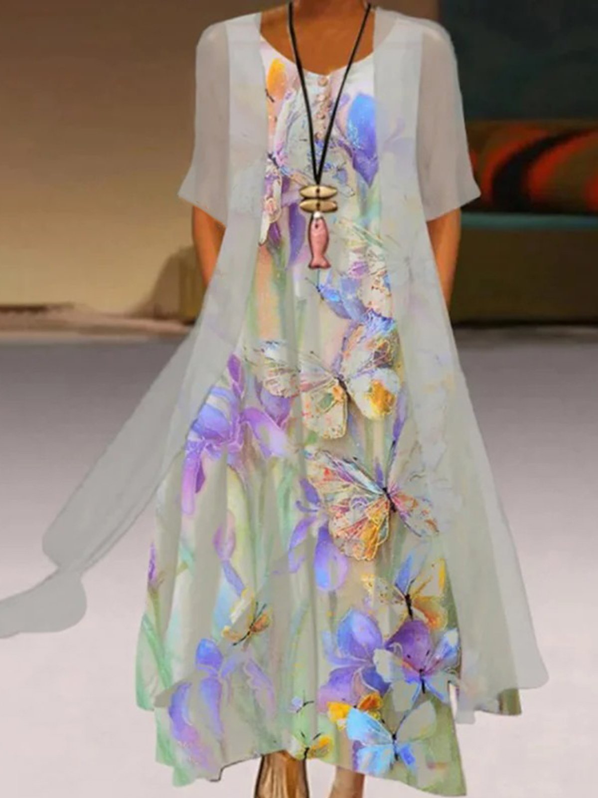 Robe bohème chic Imprimé de Papillon Décontracté à Col Rond Robe avec Manteau Ensembles de Deux Pièces