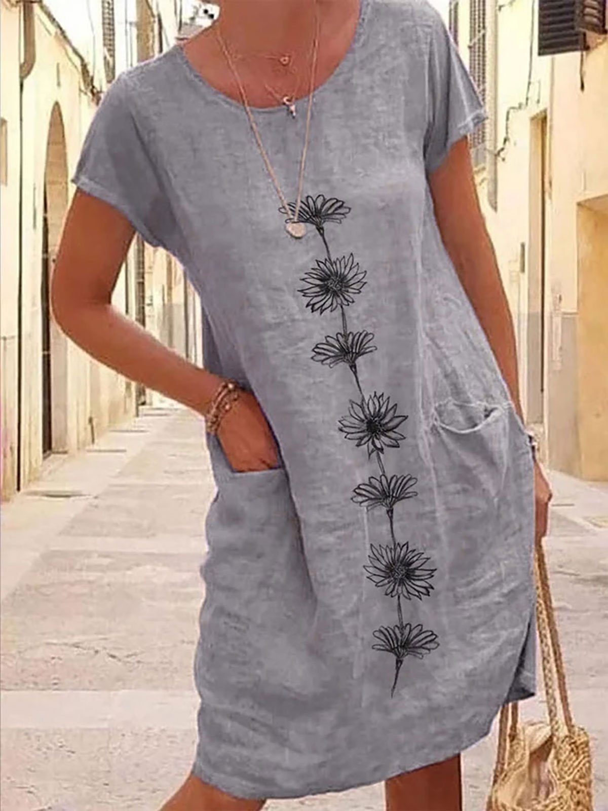 Robes Femmes Été en Lin Floral Motif Naturel Aucune élasticité Ample Droit Régulier Non
