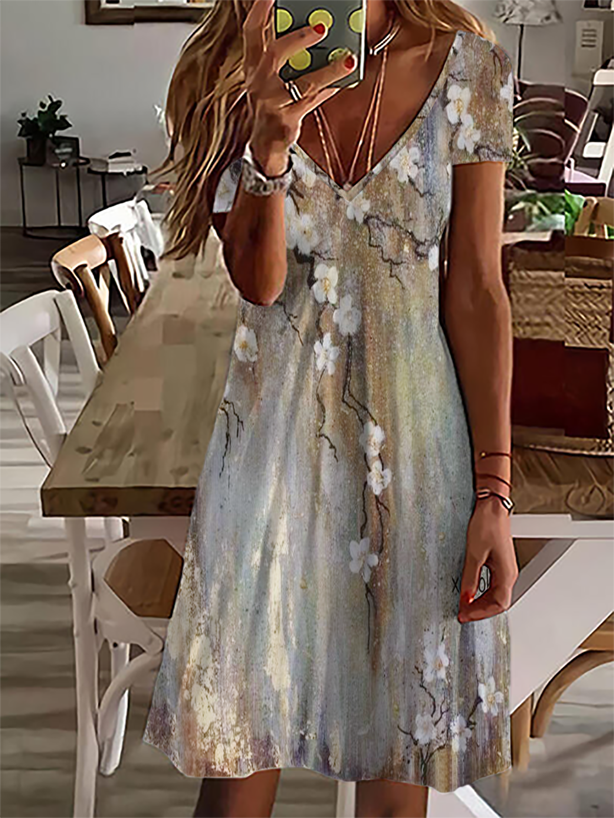 Robe Été Printemps Ample Col V Manches Courtes pour Femmes