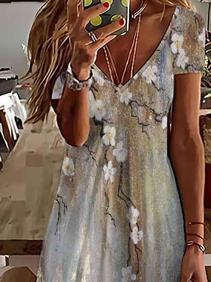 Robe Été Printemps Ample Col V Manches Courtes pour Femmes