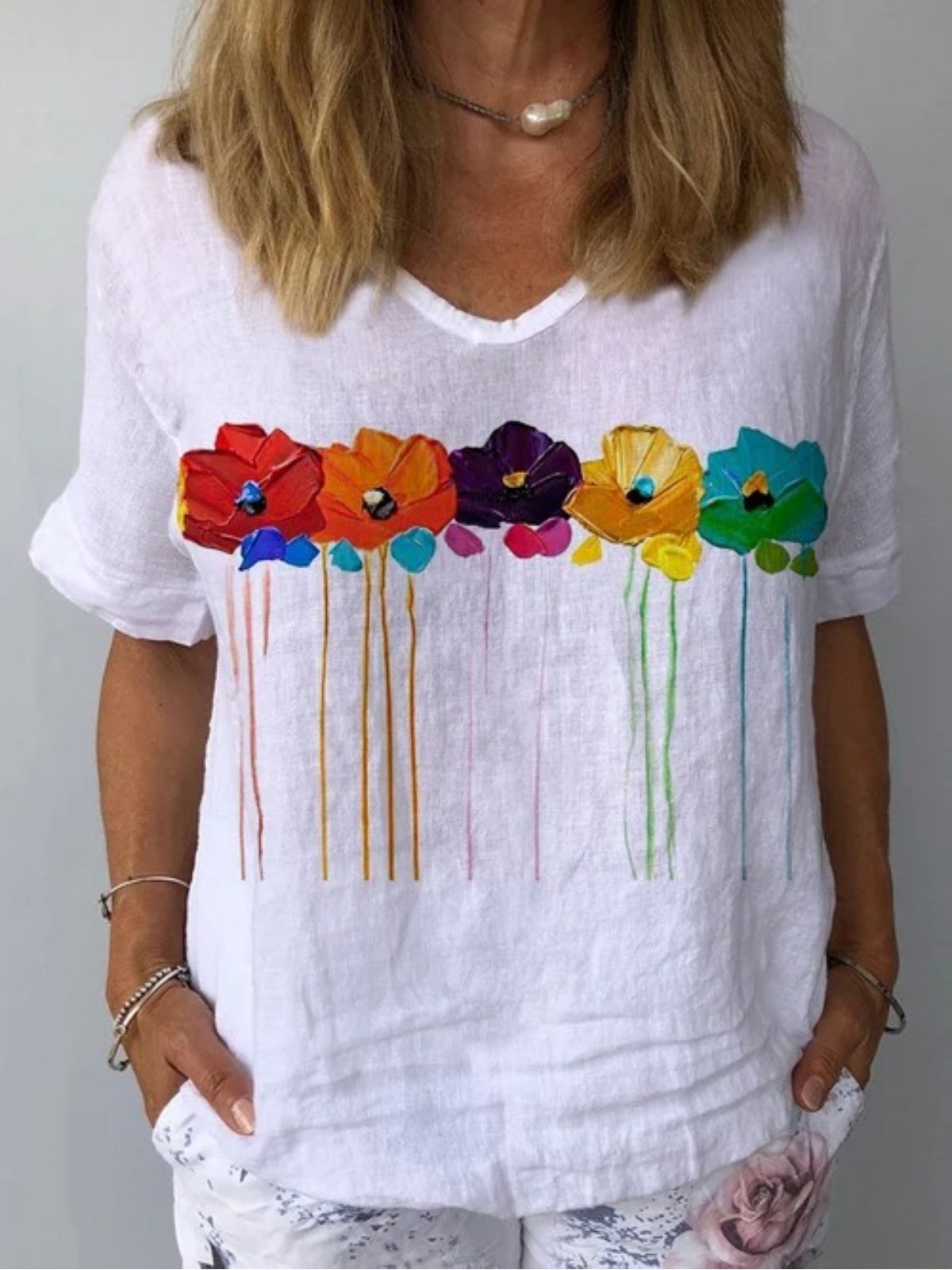 Chemisiers1 Floral Été Décontracté Coton Aucune élasticité Manches Courtes Ample Régulier Droit pour Femmes