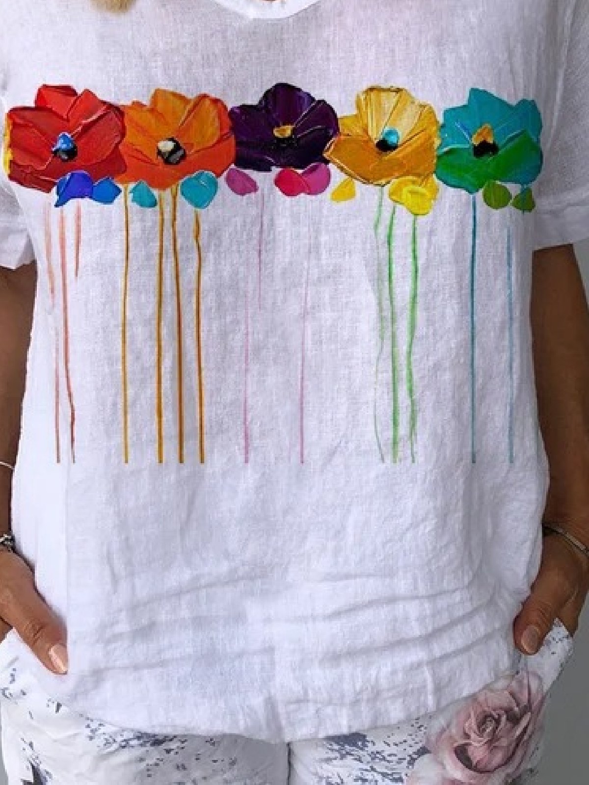 Chemisiers1 Floral Été Décontracté Coton Aucune élasticité Manches Courtes Ample Régulier Droit pour Femmes
