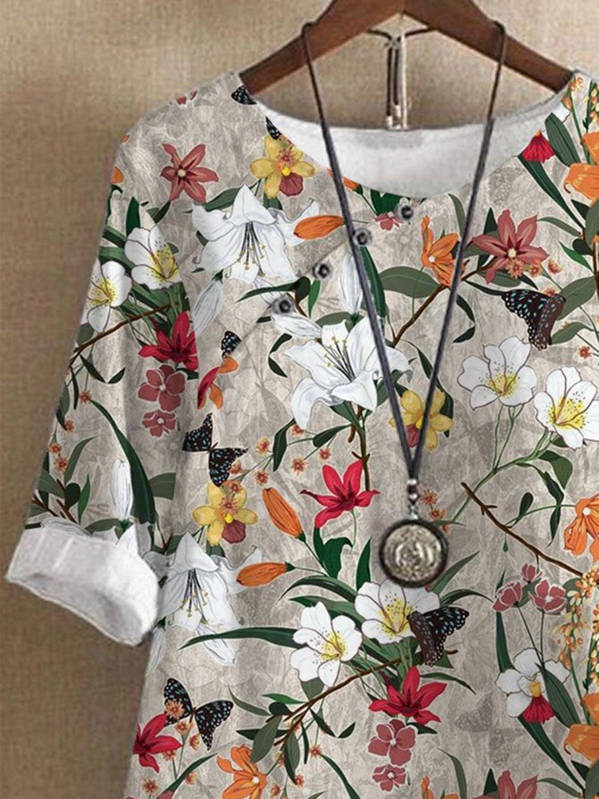 Blouses Femmes Décontracté Printemps / Automne Floral Motif Polyester Boutonné Léger Quotidien Manches trois quarts Col Rond