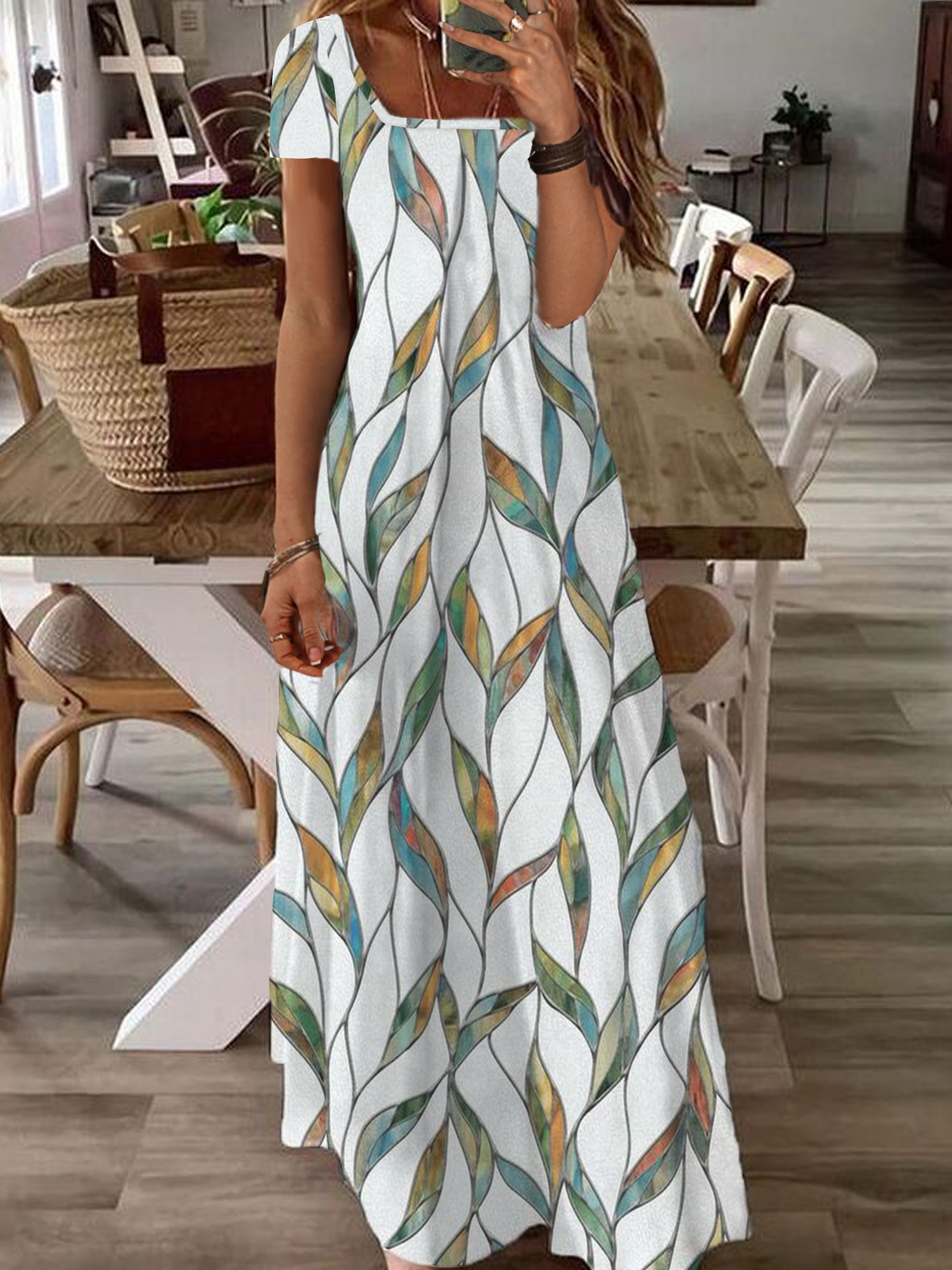 Femmes Abstrait Blanc Col Carré Confortable Robe Maxi Décontracté