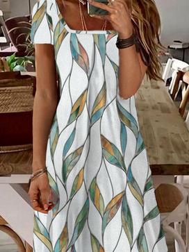 Femmes Abstrait Blanc Col Carré Confortable Robe Maxi Décontracté