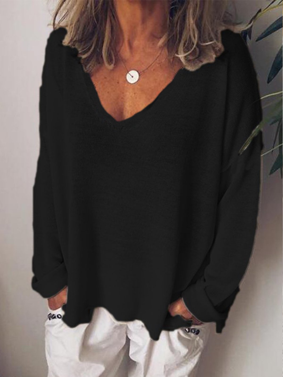 Décontracté Col V en Mélangé de Coton Manches Longues T-shirt
