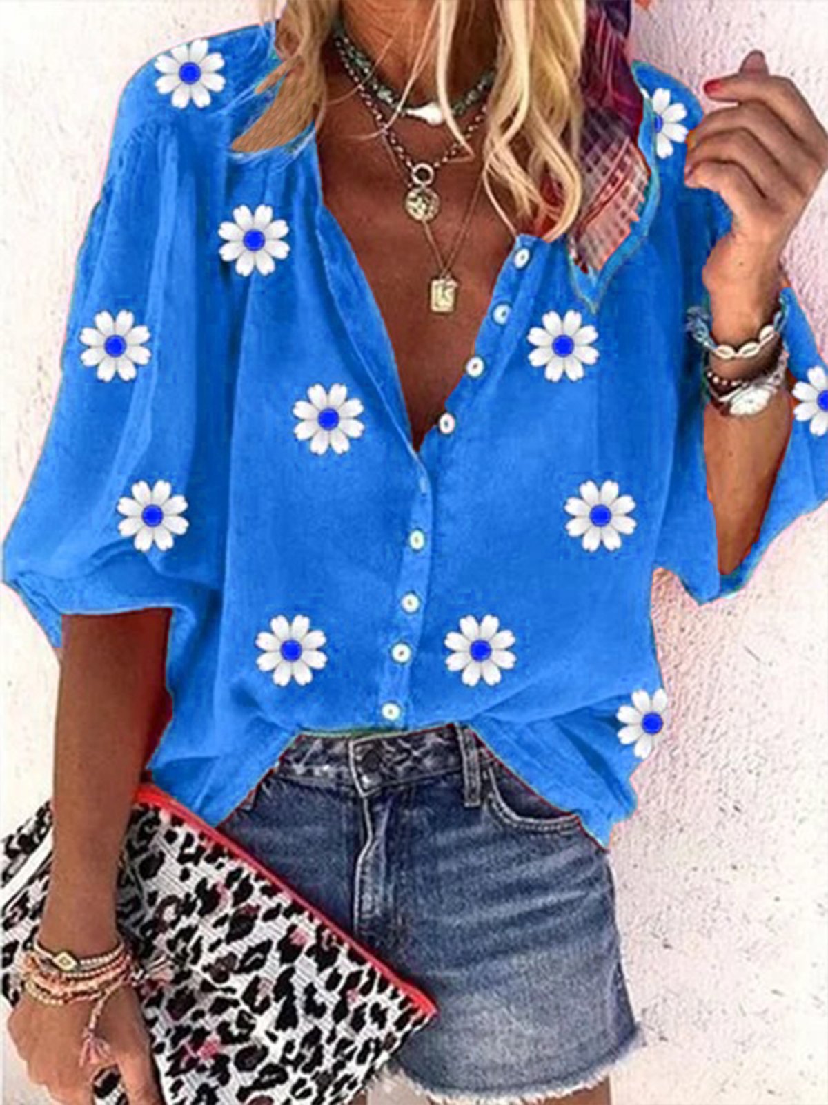 Chemisier Femme Casual Automne Daisy Col V Léger Aucune élasticité Trois Quarts Régulier H-Line