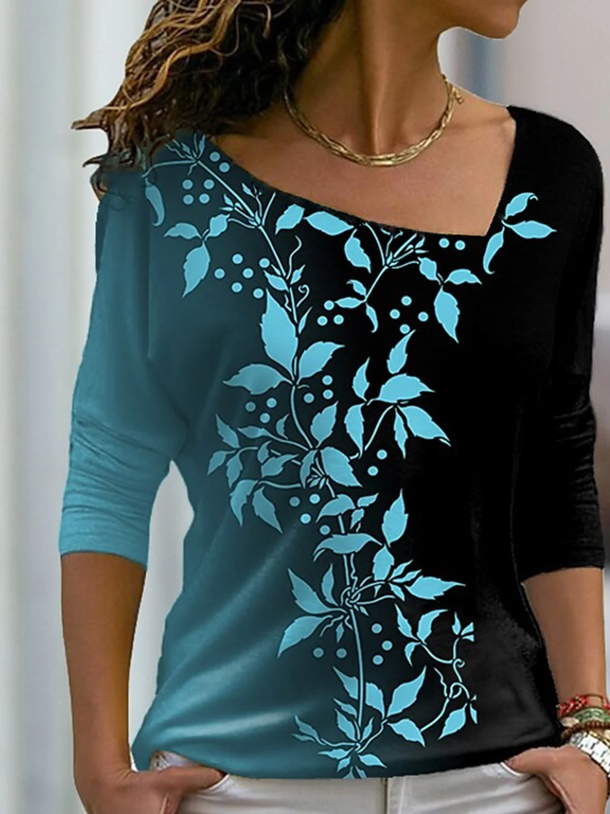 T-shirt Femmes Décontracté Feuille Automne Col V Léger Ample Manches Longues Régulier Droit